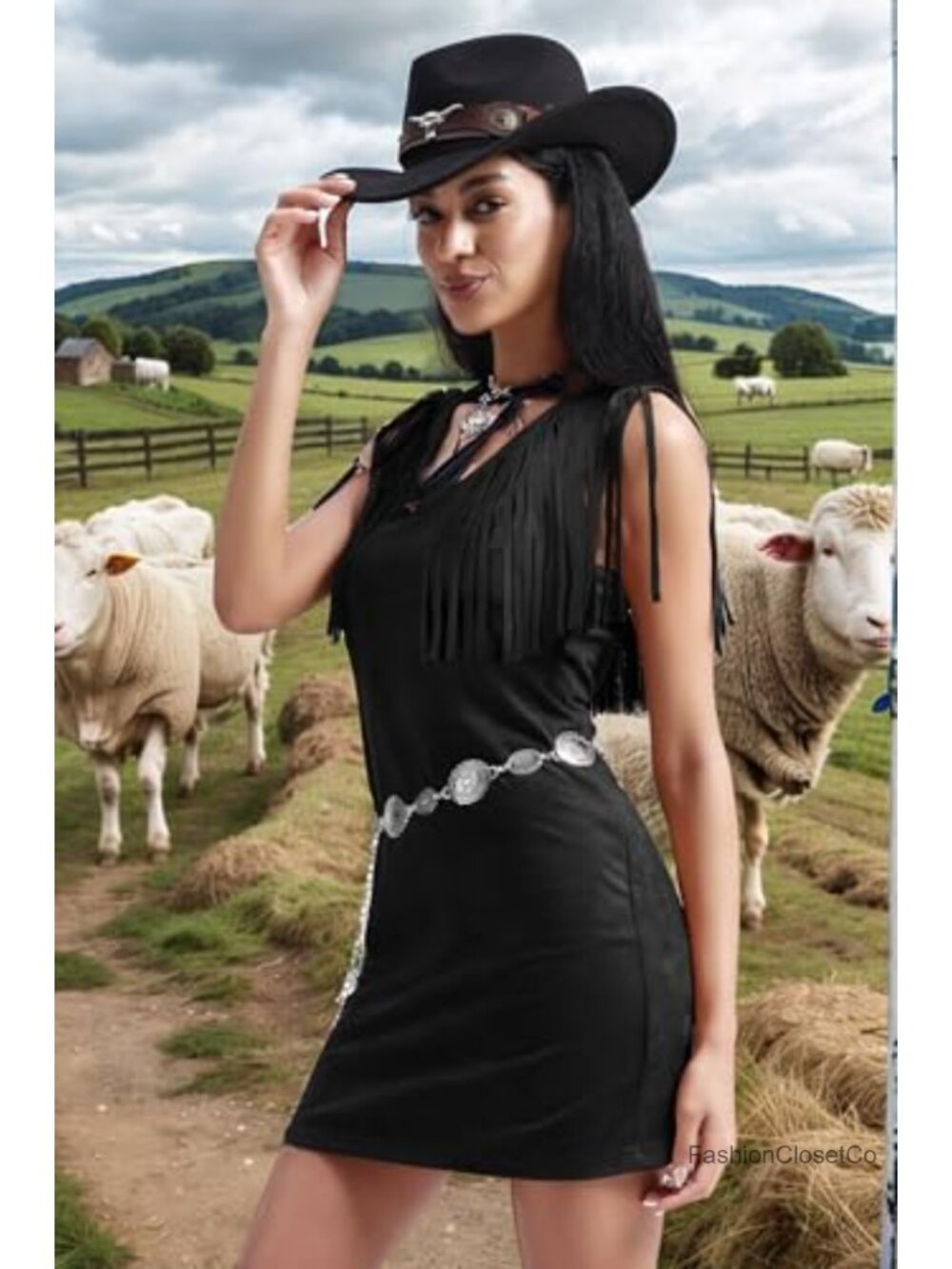 Fringe Vest Dress Faux Suede V Neck A Line Mini Western Cowgirl Slight Stretch - Picture 2 of 5
